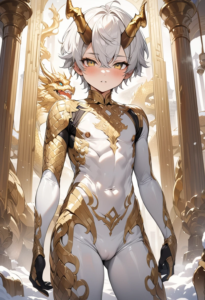 High quality,(Best quality, 4K, A high resolution, Masterpiece:1.2), Super detailed,(1 boy),(((solo))),juvenile,male,(Male juvenile), Handsome and cute boy, snow-white hair, no bang,golden dragon horn,White tights with gold pattern,bodysuit,short hair,Golden Eyes,single photo,the white temple of light,magnificent palace background,((Back view))
