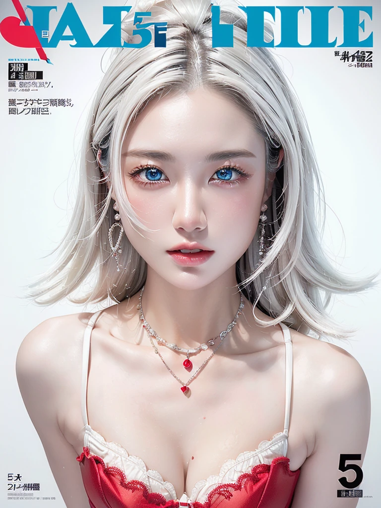 White Background、Professional Lighting、(((Professional Lighting 1.5)))、Translucent skin texture、Beautiful Skin、Beautiful Skin、、(((Whitening 1.5)))、White Bra、See-through、、Ecstasy of Musical Notes、((Red Bra 1.5))、See-through1.5、Bust up photo、Simple earrings and necklace、(((ファッションMagazine Cover 1.5)))、(((Magazine Cover 1.5)))、white hair、