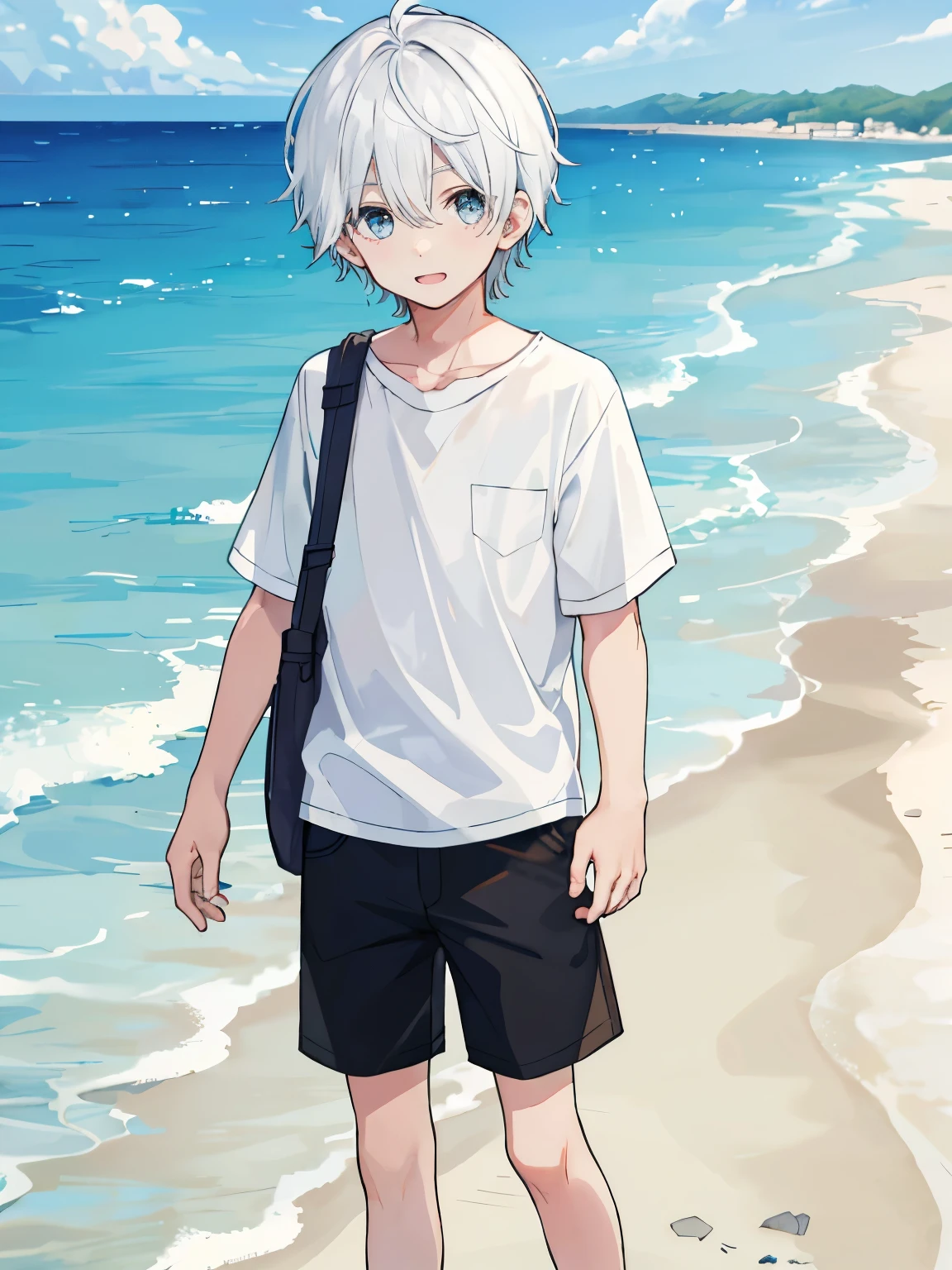 1 boy, white hair, Cute face, summer beach background