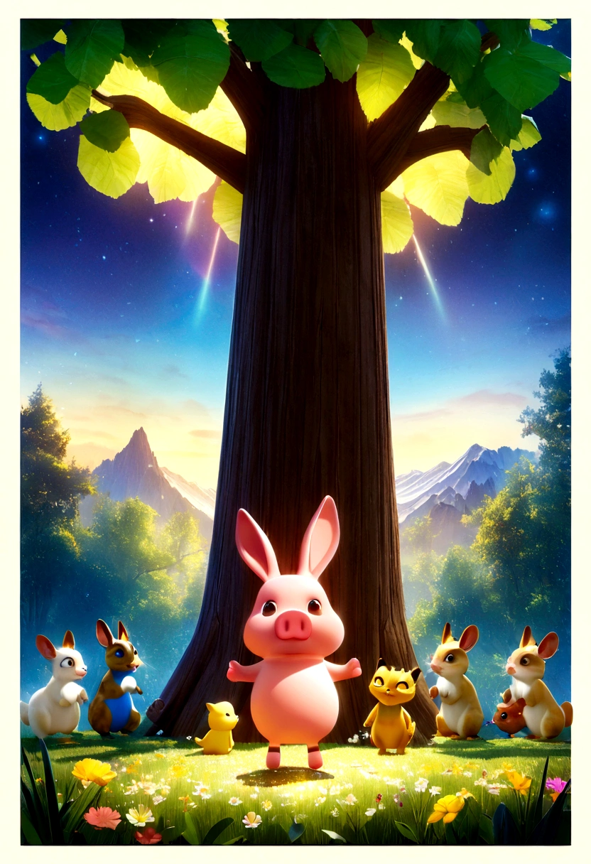 A high-resolution movie poster in Pixar 3D animation style, with Pixar Renderman rendering. The main focus is on a cute yellow duckling named Gagaga and a white, soft-furred rabbit standing closely on a meadow filled with blooming flowers. The background features a dense, mystical fantasy forest with lush vegetation and distant mountains. Secondary characters include a mud-covered pig, a lazily stretched golden-furred cat, and a squirrel jumping on tree branches. The scene is bathed in soft, warm lighting and enhanced with lens flares and particle effects, creating a whimsical and dreamy atmosphere. The poster le “Gagaga Finds Friends” is displayed in lively fonts, emphasizing a magical adventure about friendship and exploration.