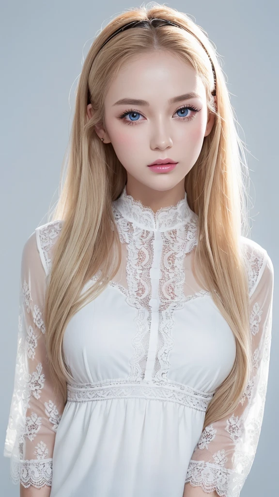 (((Lace blouse、White background、Cowboy Shot、forehead)))、forehead、Northern Europe、Russia、beautiful girl、Platinum Blonde Hair、Straight long hair、Big blue eyes、Northern Europeの若者、Glowing Skin、Young and beautiful skin、A perfect and beautiful little face、Bright makeup、Pale pink lips、Bright expression、lipstick、Golden Hour Lighting、Movie Light、Intricate details、High resolution、 Detailed features of the face design、Big Breasts