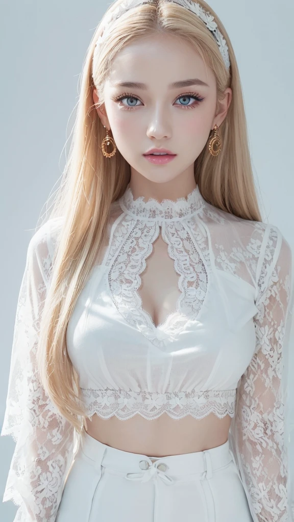 (((Lace blouse、White background、Cowboy Shot、forehead)))、forehead、Northern Europe、Russia、beautiful girl、Platinum Blonde Hair、Straight long hair、Big blue eyes、Northern Europeの若者、Glowing Skin、Young and beautiful skin、A perfect and beautiful little face、Bright makeup、Pale pink lips、Bright expression、lipstick、Golden Hour Lighting、Movie Light、Intricate details、High resolution、 Detailed features of the face design、Big Breasts
