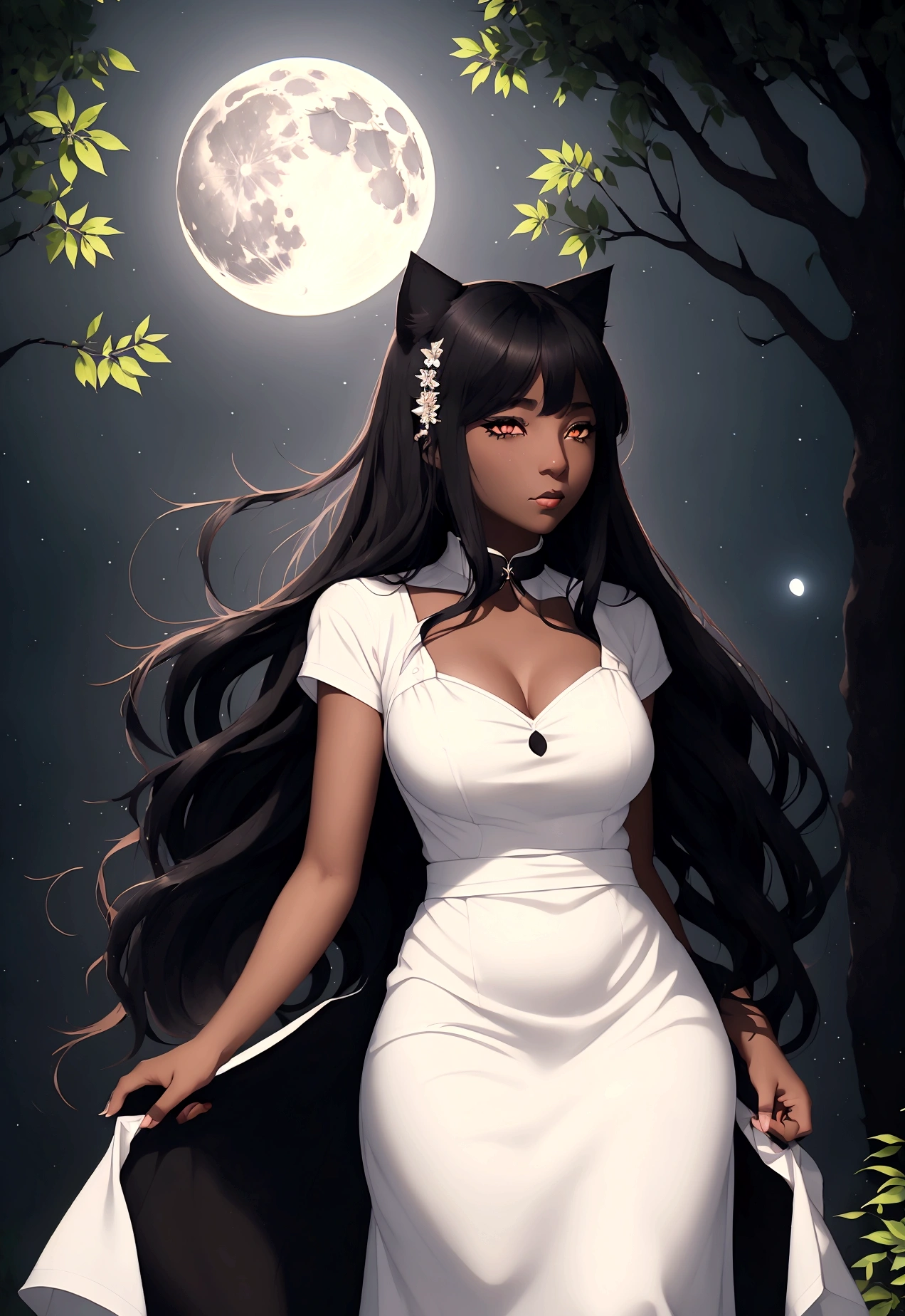 woman black cat breasts 95 b white linen dress forests night full moon