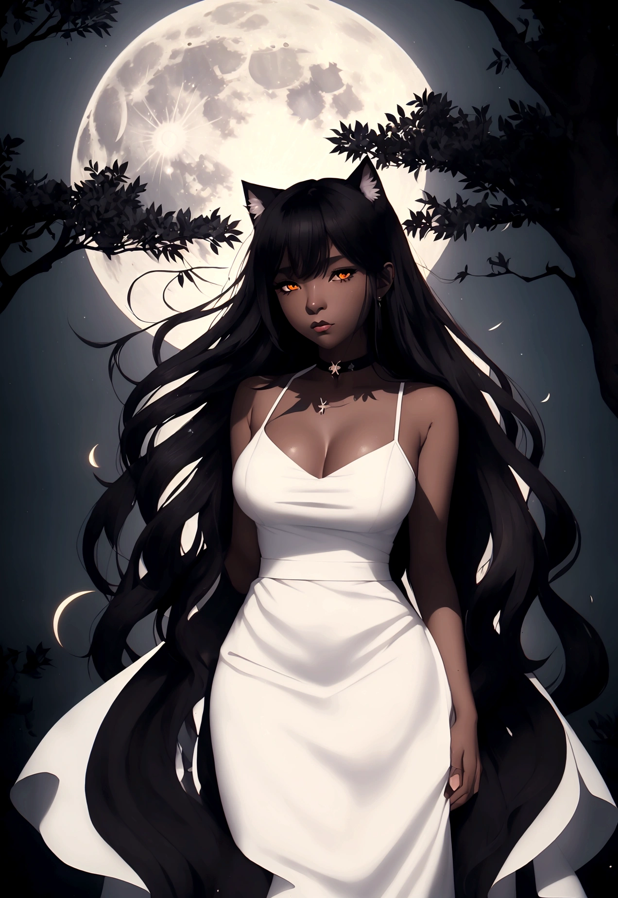 woman black cat breasts 95 b white linen dress forests night full moon