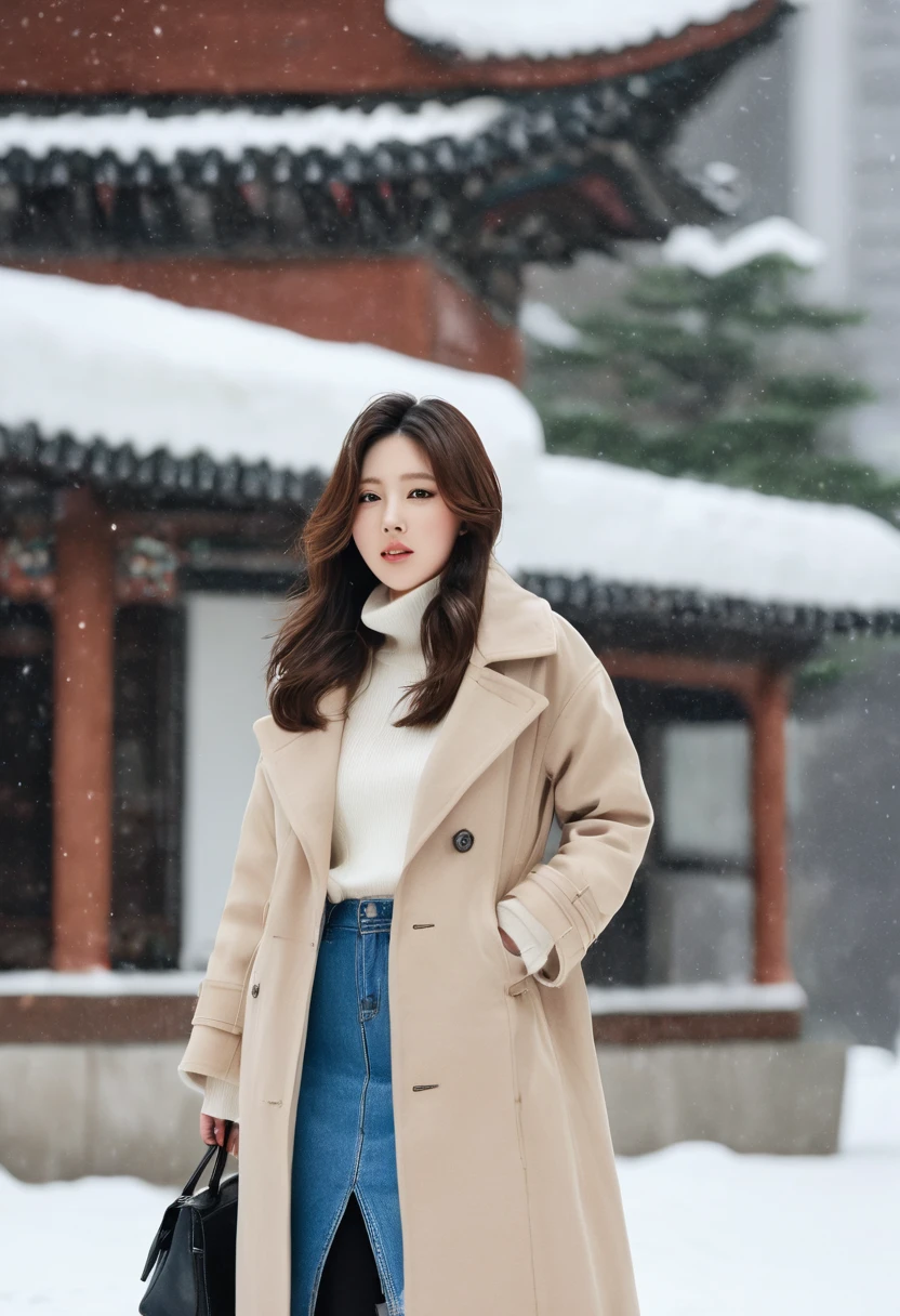 beautiful korean woman with medium brown hair, wearing a long beige color winter coat, high neck crop top inside ,tight denim skirt, and black long boot,snow fall in background,at seoul korea,detailed background, captured by,DSLR,far away shot, wide angle shoot, full body shot