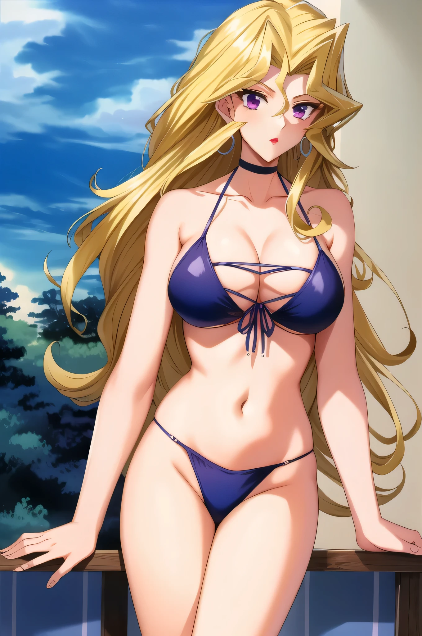 (masterpiece, Highest quality)、Intricate details、One woman、mai valentine、Blonde、Long Hair、Purple Eyes、JewelryEarrings、Swimwear、bikini、bikini top with an purple、シンプルなbikini、in a triangle bikini、bikini bottom with an purple、makeup、Big Breasts、cleavage、naval、collarbone、midriff、A woman with very large breasts、Toned body、Tall Woman、bikini swim suit only、