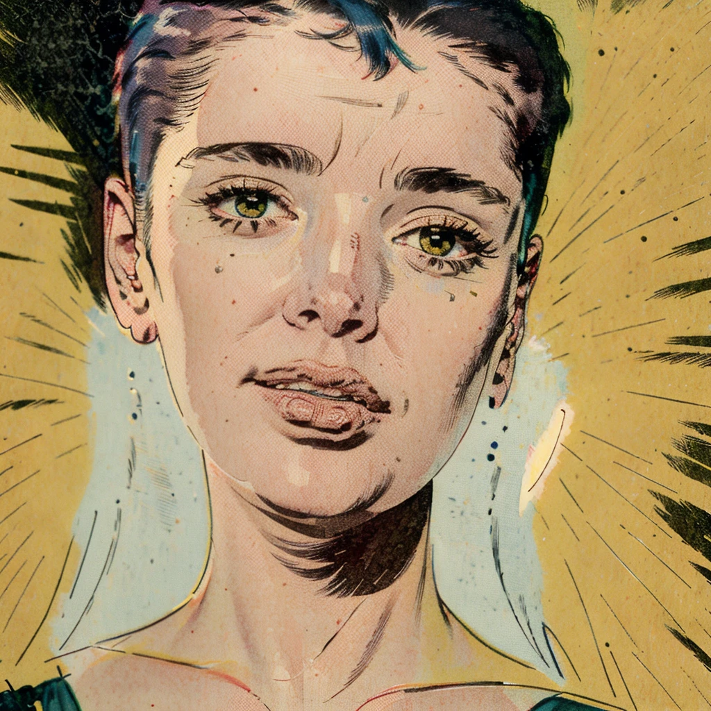 Masterpiece, best quality, hi res, 8k, hi res, 8k,  award winning , (sharp focus, intricate, highly detailed) kirbywood, drawing of a person from another world, closeup face,, vintage color comics