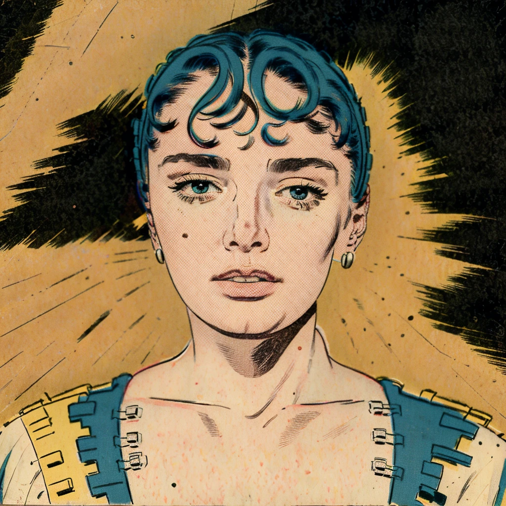 Masterpiece, best quality, hi res, 8k, hi res, 8k,  award winning , (sharp focus, intricate, highly detailed) kirbywood, drawing of a person from another world, closeup face,, vintage color comics