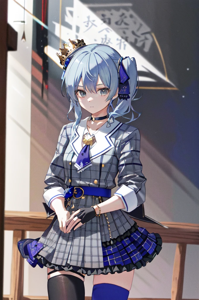 1girl, solo, side ponytail, hoshimachi suisei, fingerless gloves, single thighhigh, jewelry, thigh strap, bracelet, buttons, plaid dress, blue choker, blue belt, plaid skirt, mini crown, grey skirt, blue ascot, long sleeves, plaid jacket