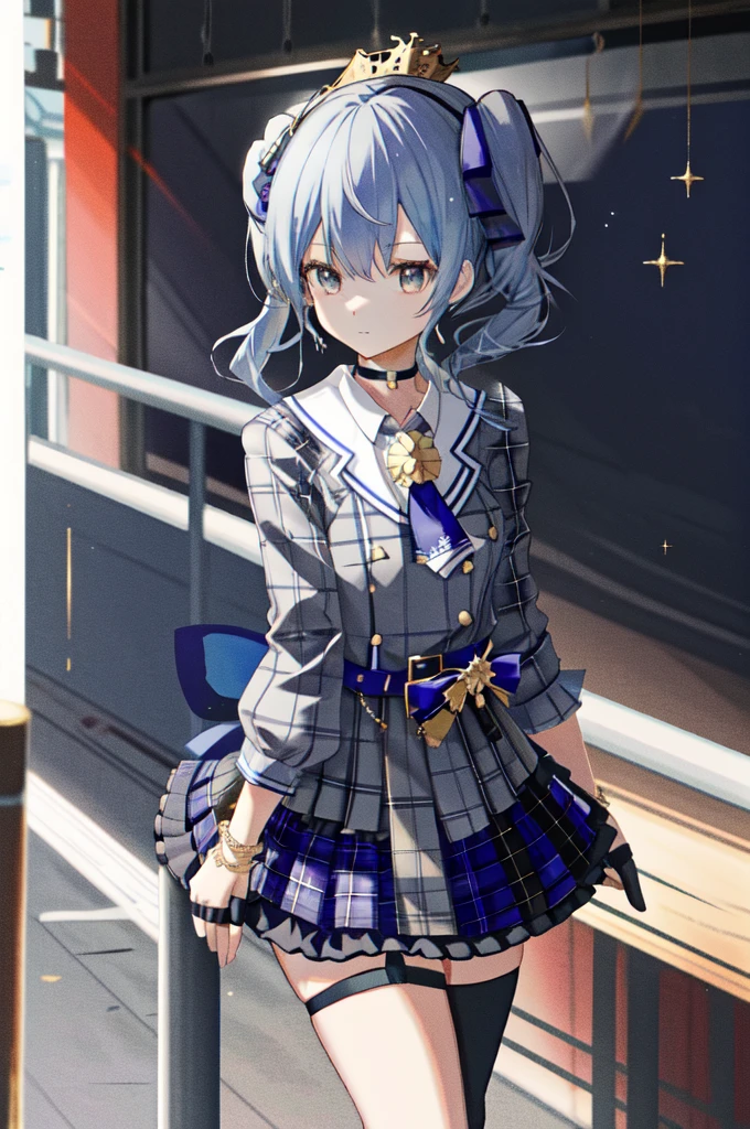  1girl, solo, side ponytail, hoshimachi suisei, fingerless gloves, single thighhigh, jewelry, thigh strap, bracelet, buttons, plaid dress, blue choker, blue belt, plaid skirt, mini crown, grey skirt, blue ascot, long sleeves, plaid jacket