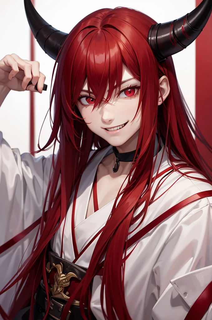 Young man, red mid-length hair, Japanese cut, close-up portrait, psychotic, crazy smile, bright eyes, red eyes, devil, horns, red complexion, .