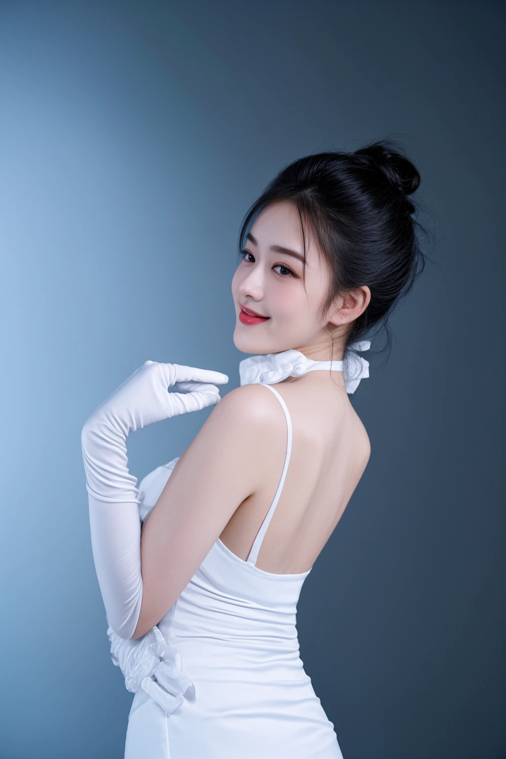arafed woman in white dress and gloves posing for a picture, a beautiful woman in white, wearing white silk, twintails white_gloves, elegant smiling pose, cute elegant pose, wearing white camisole, an asian woman, wearing white leotard, white satin gloves, a young asian woman, elegant profile pose, in white clothes