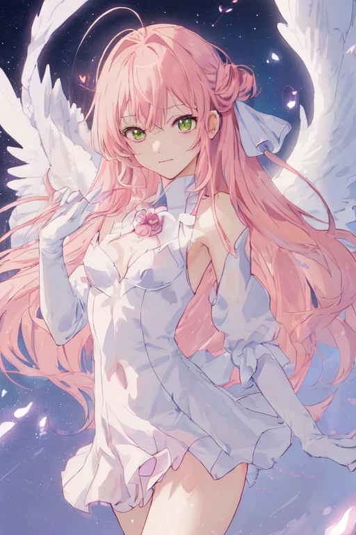 1_girl, (anime, kawai:2), (masterpeice, best_quality, clean:1.5), (sky_background:1.2), (cute, cute_smile, young:1.5), (delicate, extremely_delicate, beautiful, thin:1.5), (girlfriend, angel:1.8), (green_eyes, simple_eyes:1.8) (long_hair, blond_hair, wearing_pink_dress, pink_angel_wings, sexy_gloves:1.5), extremely_delicate, (love_magic:1.5), (age_size_fits_body), (small_thighs:1.3), (breasts), (eye_level:1.3), (heart_magic, love:1.5), (folded_legs:1.5), (combat, seductive_combat:1.5)