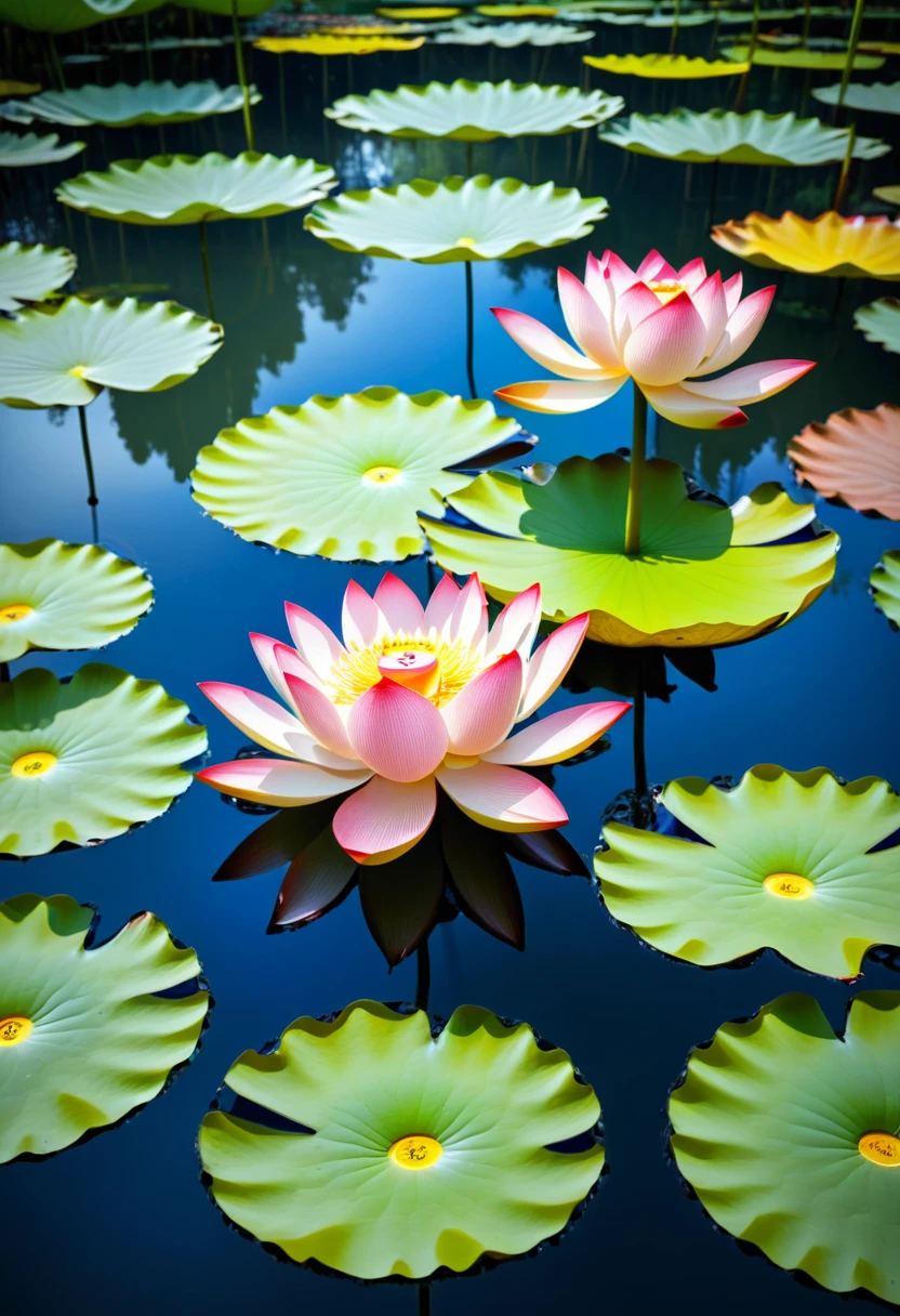 Lotus flowers floating on the pond.