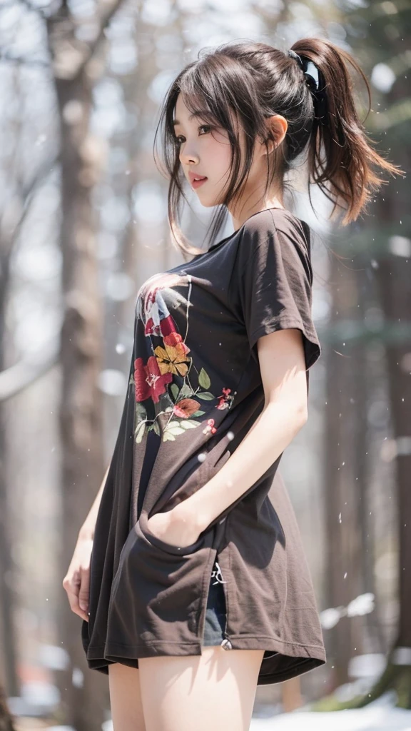 Beautiful Japanese Waifu, early 30s, brunette hair, brown long tshirt, standing in a snowing forest