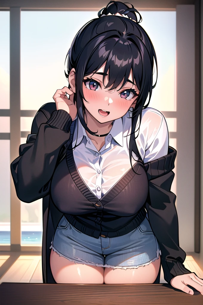 20 years old,1 girl, extremely thick thighs, hyperrealistic, 8k, (extremely detailed 8k), (very delicate and beautiful), (masterpiece), (better quality:1.0), (ultra high resolution:1.0), (masterpiece, best quality), cute,black hair,laugh with open mouth,gleaming skin,,, cardigan,leaning forward,ponytail,upper body,from the front,POV