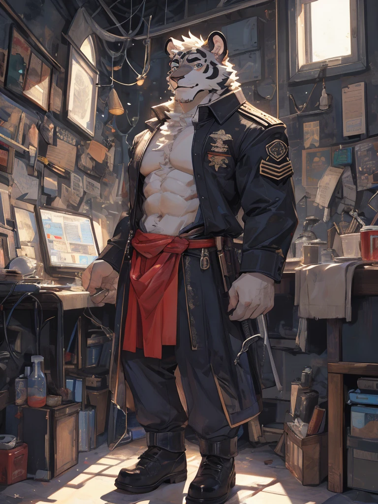 {{bara extremely handsome white tiger,}} {{white fur,}} white, wearing military like purple trench coat, purple trousers, white dress shirt and necktie, white fluffy furry body and limbs, loafers, very tall, very broad shoulders, narrow waist, muscular arms, massive pecs, purple eyes, very long legs,  sitting on swivel chair with legs spread, massive bulge, reading file, sophisticated hot look, full body, sunlight casting over, 3/4 view, best quality, high quality, silver earring on left ear, sultry smirk