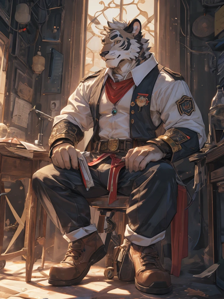 {{bara extremely handsome white tiger,}} {{white fur,}} white, wearing military like purple trench coat, purple trousers, white dress shirt and necktie, white fluffy furry body and limbs, loafers, very tall, very broad shoulders, narrow waist, muscular arms, massive pecs, purple eyes, very long legs, sitting on swivel chair with legs spread, massive bulge, reading file, sophisticated hot look, full body, sunlight casting over, 3/4 view, best quality, high quality, silver earring on left ear, sultry smirk