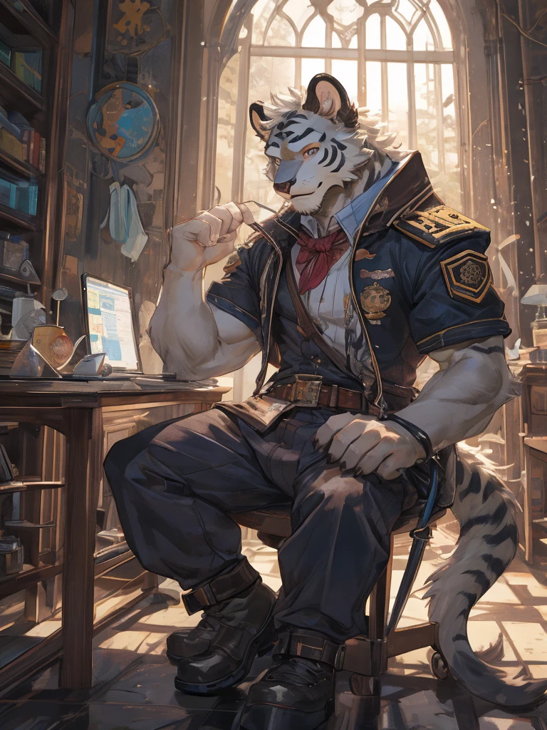 {{bara extremely handsome white tiger,}} {{white fur,}} white, wearing military like purple trench coat, purple trousers, white dress shirt and necktie, white fluffy furry body and limbs, loafers, very tall, very broad shoulders, narrow waist, muscular arms, massive pecs, purple eyes, very long legs,  sitting on swivel chair with legs spread, massive bulge, reading file, sophisticated hot look, full body, sunlight casting over, 3/4 view, best quality, high quality, silver earring on left ear, sultry smirk