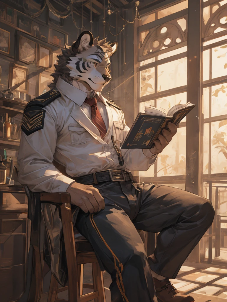{{bara extremely handsome white tiger,}} {{white fur,}} white, wearing military like purple trench coat, purple trousers, white dress shirt and necktie, white fluffy furry body and limbs, loafers, very tall, very broad shoulders, narrow waist, muscular arms, massive pecs, purple eyes, very long legs, sitting on swivel chair with legs spread, massive bulge, reading file, sophisticated hot look, full body, sunlight casting over, 3/4 view, best quality, high quality, silver earring on left ear, sultry smirk