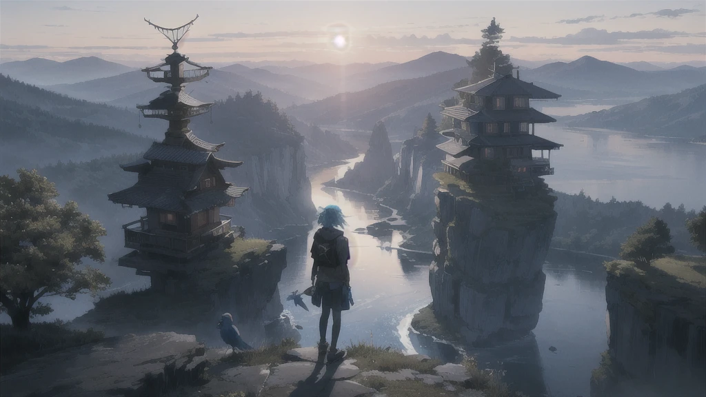 sunset,暗いnight空,Octane, star (null), scenery, Blue parakeet,Acoustic guitar,star, night, One Girl, Back view, alone, Outdoor, forest,river,Blue parakeet,building, cloud, 天のriver, Are standing,silhouette