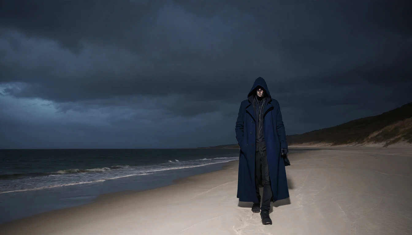 A man, in a dark blue coat and hood, had an intimidating and dark demeanor. he appeared out of nowhere on a deserted beach at night