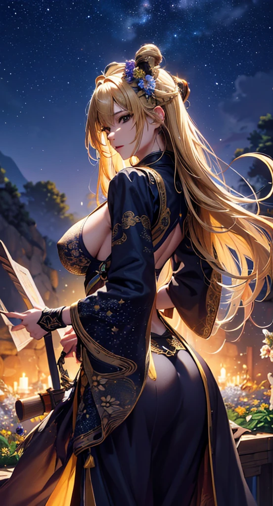 masterpiece, high quality, 4K, Beautiful design, silhouette,blonde, 非常に詳細な夜のStarry Sky,Flower Field, wonderful, Finer details, Very knowledgeable woman, Highly detailed solo, 1 female,Big Breasts,Big Ass,Underwear Line,Pirate costumes,Night view,Starry Sky,full moon,