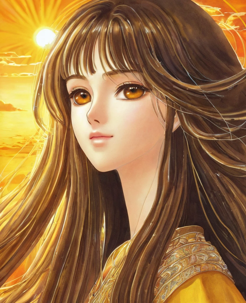 "Create a detailed and elegant anime portrait of a girl inspired by the sun. She should have warm, radiant features, with golden eyes and hair that glows like sunlight. Dress her in attire that reflects the brilliance and warmth of the sun, with a background that includes sun motifs or a glowing horizon."