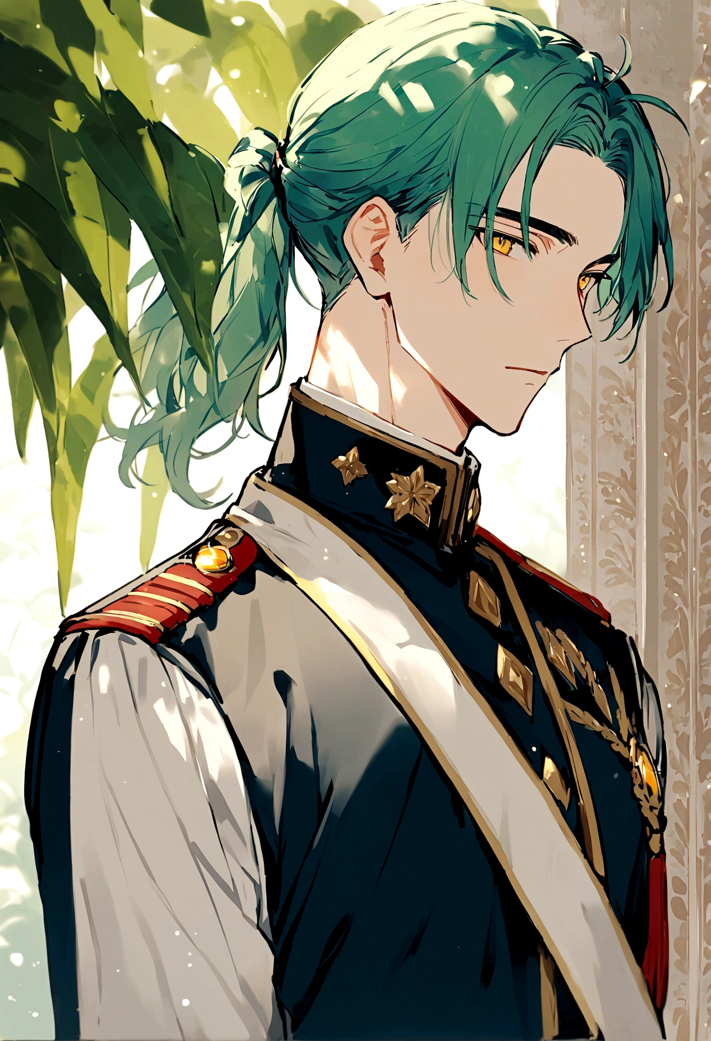 ((Male around 20 years old:1.3)),Cute Men,Blue and lime green hair,Yellow Eyes,Half Up,He is wearing a uniform,