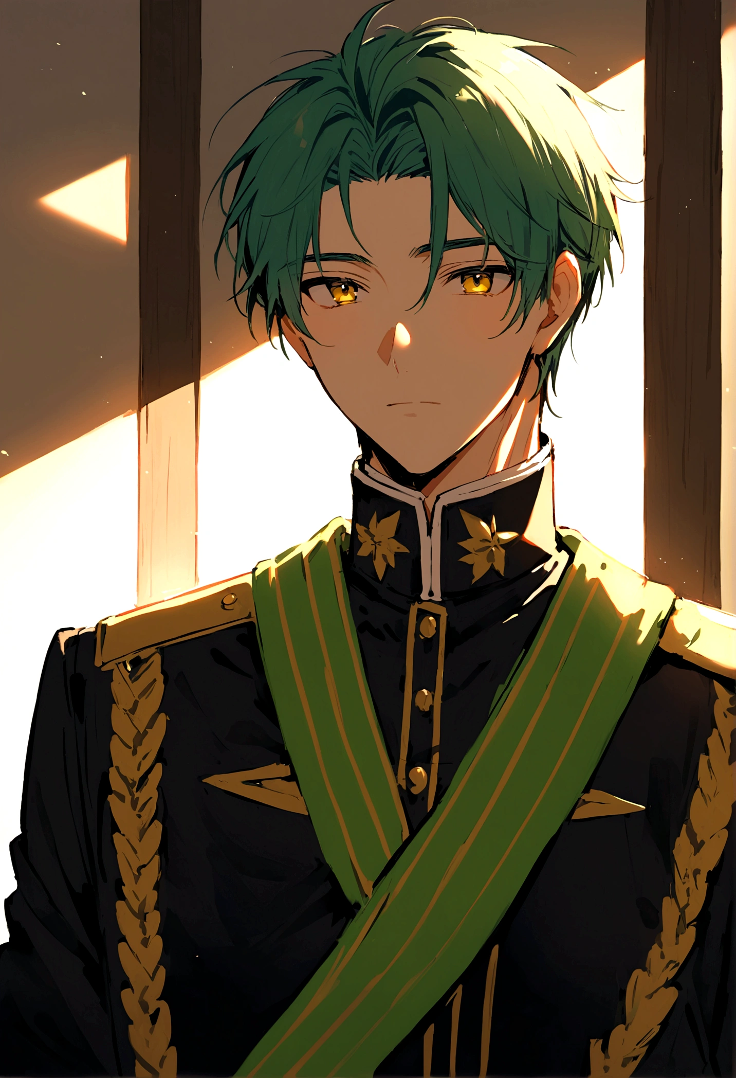 ((Male around 20 years old:1.3)),Cute Men,Blue and lime green hair,Yellow Eyes,Half Up,He is wearing a uniform,