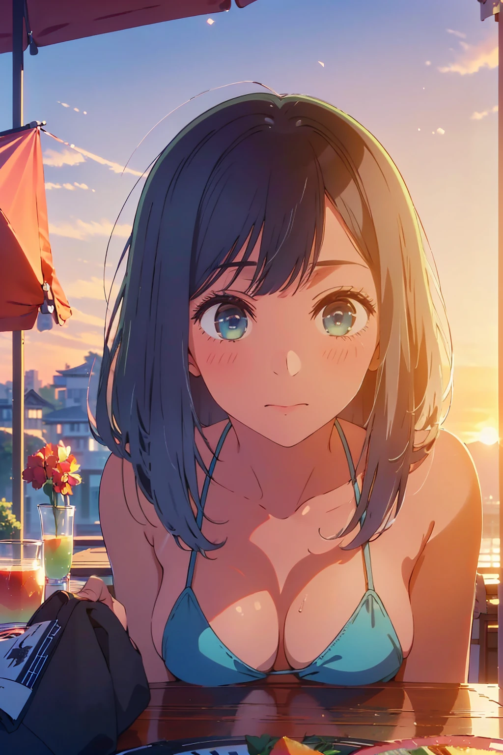 (Highest quality:1.4、masterpiece:1.4、Super detailed:1.4、8K:1.4)、F cup bust、Big Breasts、Slim body、((((1 person、sit、In the background are the urban buildings of Tokyo、looking at the camera、Outdoor café terrace、coastal、Navy hair color、Shooting from an angle、juice、table、Sunset Beach、sunset、Very cute face))))、(((nude、Areola、bikini)))、Big eyes、((((Shallow depth of field))))