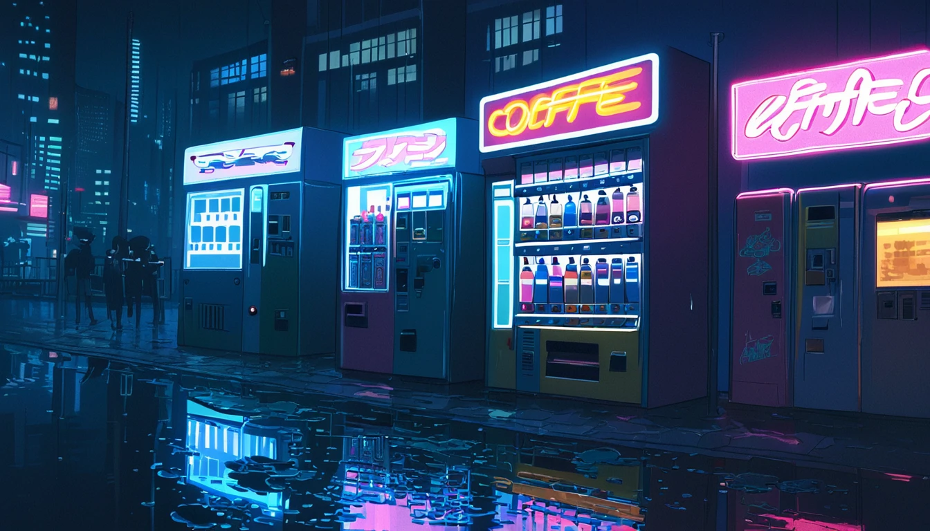 retro anime style, 1980s anime, hand drawn animation, Cellular Shading, Night view of the city center, natta, Clouded, neon sign, vending machine, coffee shop, Lo-Fi Aesthetics, electric wire, puddles of water reflecting light, The sound of a distant train, anime styling, cinematic lighting, ultra HD, retina, work of art, precise, super detaill, High details, best qualityer, high qualiy, high resolution