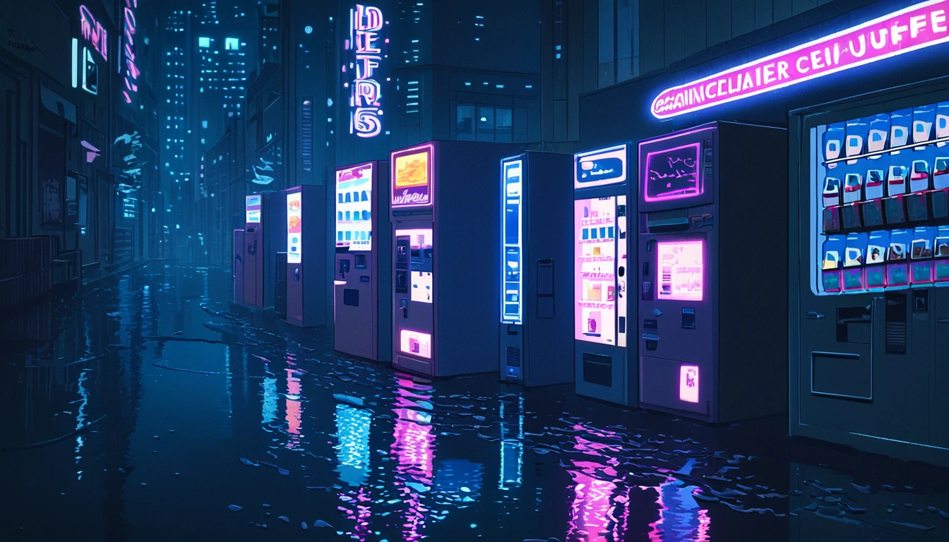 retro anime style, 1980s anime, hand drawn animation, Cellular Shading, Night view of the city center, natta, Clouded, neon sign, vending machine, coffee shop, Lo-Fi Aesthetics, electric wire, puddles of water reflecting light, The sound of a distant train, anime styling, cinematic lighting, ultra HD, retina, work of art, precise, super detaill, High details, best qualityer, high qualiy, high resolution