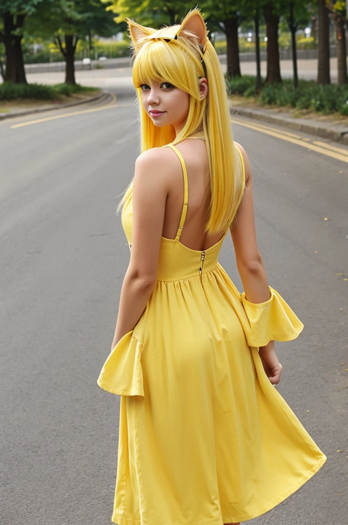 young woman yellow hair , cat ears , long hair ,Yellow dress with open shoulders , Wear jeans