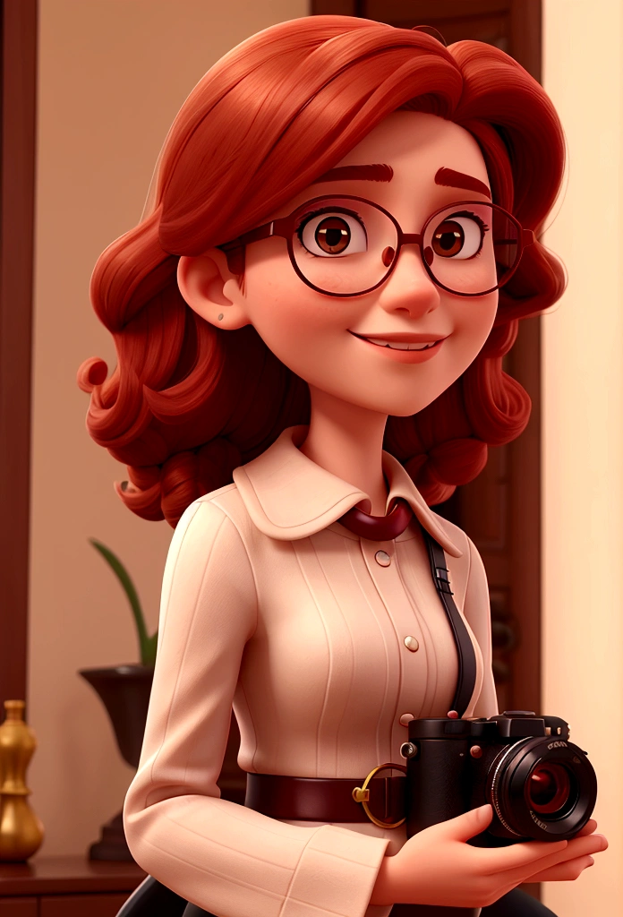 woman with marsala hair and round glasses holding a camera