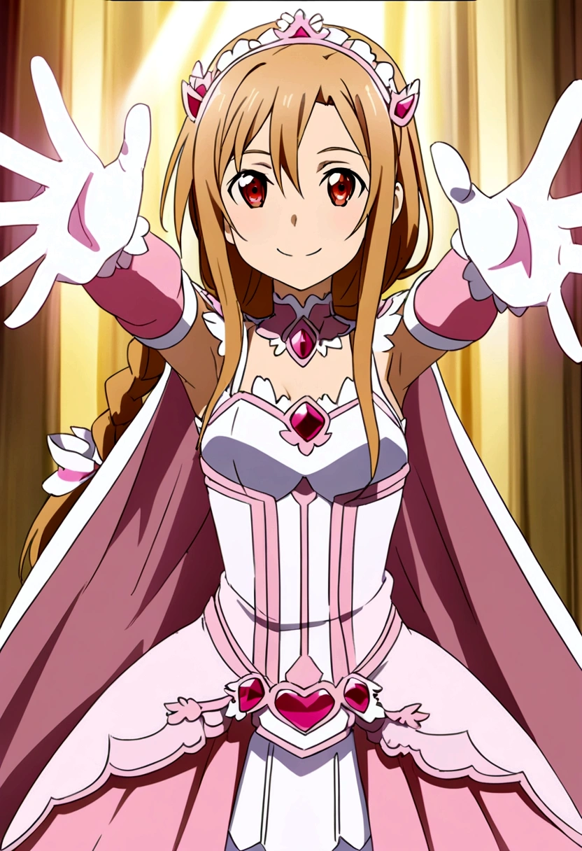 Asuna from Sword Art Online, she has a long braid, she wears pink princess clothes, she is smiling, comic image.