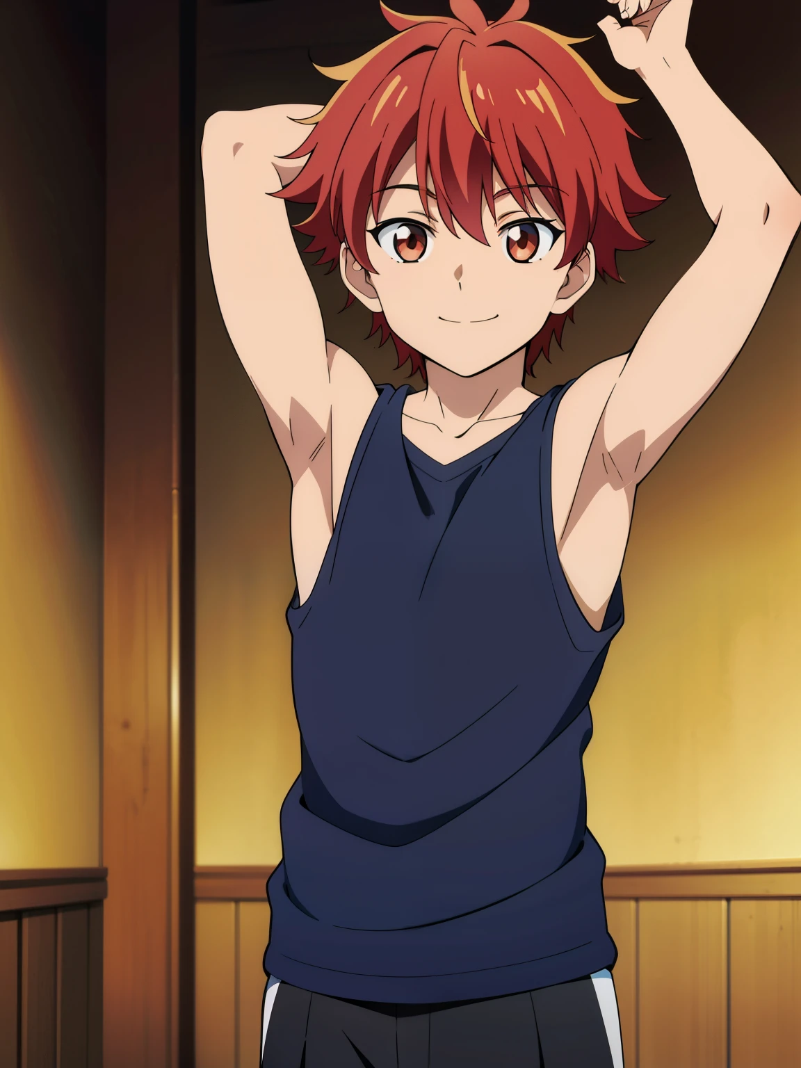 Highres, Masterpiece, Best quality at best,Best Quality,hight quality, hight detailed, Anime style, 1boy, Shota, young boy, Solo person, red hair, smile, Stright hair, Give me a proportional picture of a 12 year old boy's armpits, 12-year-old boys, uhd, Wall beckground, bokeh