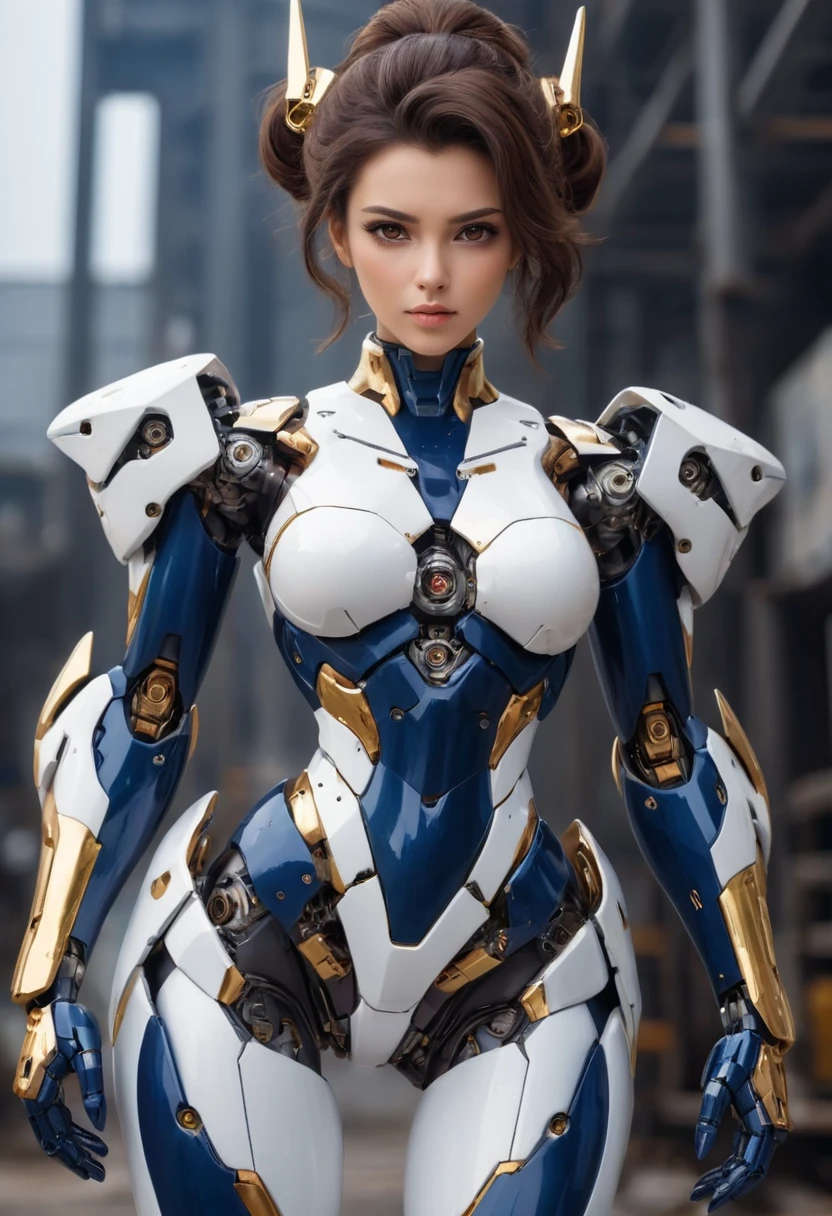 A woman, beautiful face, brown eyes, dark brown updo hair, mecha body, show big thigh. (white, gold, dark blue). best quality, masterpiece, Ultra high detail, 8k