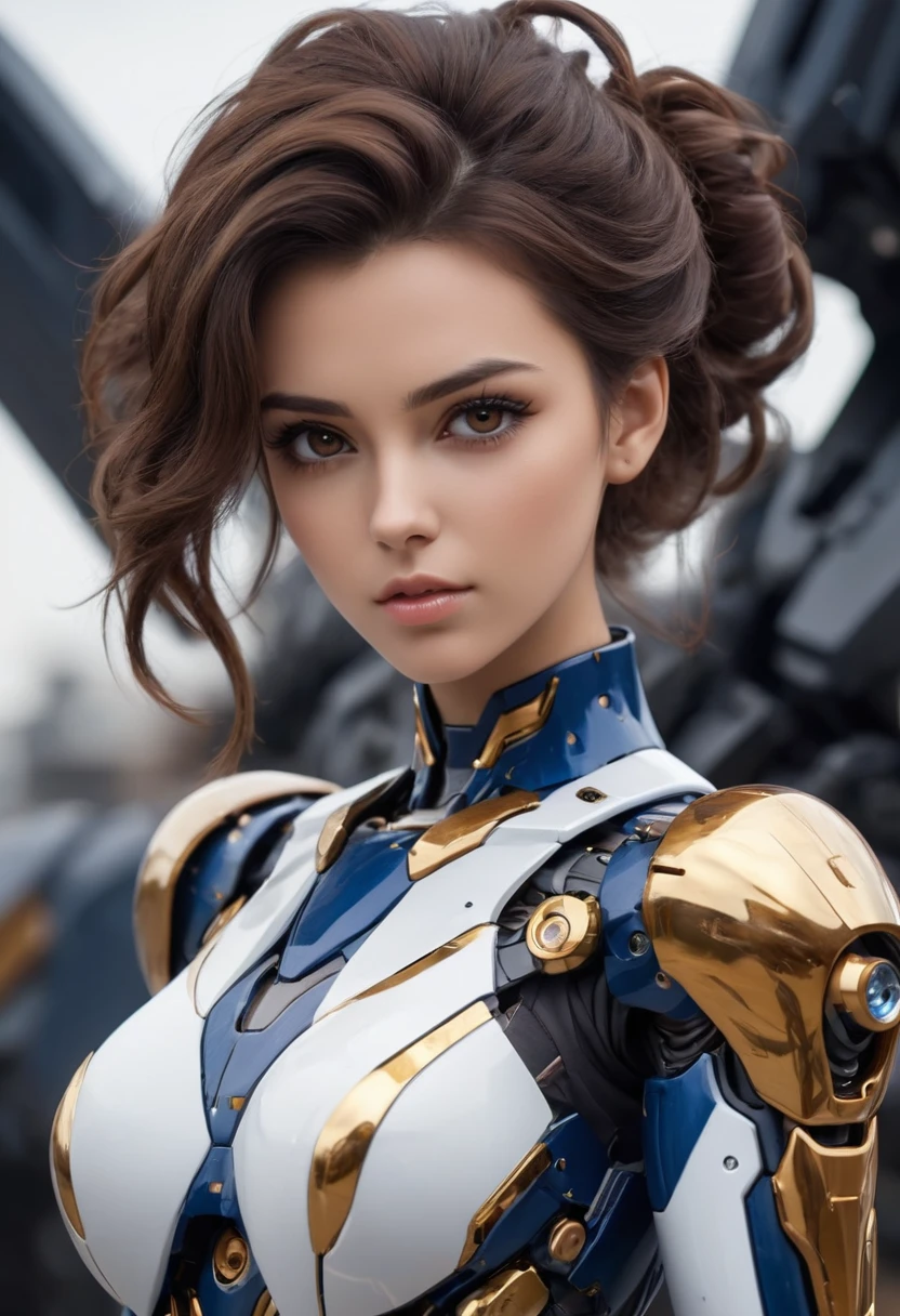 A woman, beautiful face, brown eyes, dark brown updo hair, mecha body, show big thigh. (white, gold, dark blue). best quality, masterpiece, Ultra high detail, 8k