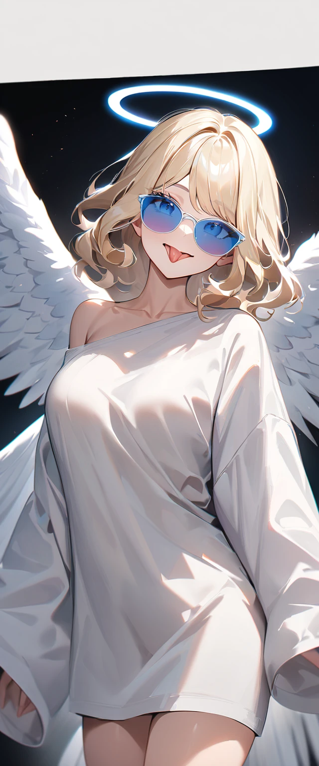 (((One girl))), (((upper body))), ((sunglasses, hand to sunglasses)), ((angel, big big white wings:1.2, halo:1.3)), Uriel, ((wavy hair, outward curled hair)), evening, Sunset, open mouth, ((stick out tongue)), ((blond hair, bob cut:1.3)), big breasts, teenager, (looking at viewer), oversized clothes, puffy long sleeves, collarbone, ((off-shoulder sweater dress:1.3, Quite thick shoulder straps)), (((sleeves past wrists:1.3))), ((white sweater)), collarbone, head tilt:1.3, (((blue eye))), ((happy smile)), (((anime style))), (best quality, 4K, 8K, highres, masterpiece:1.2, ultra-detailed, ultra-detailed eyes, HDR, uhd, studio lighting, ultra-fine painting, sharp focus, physically-based rendering, extreme detail description, professional, vivid colors, bokeh), ((Highest quality, Best image quality, Ultra-high resolution, Ultra-high resolution, solo, Strong eye highlights)), Depth of written boundary, Natural soft light, attractive, Beautiful Face, Cleanliness, Pure Face, medium chest, Beautiful Face, Perfect Fingers, Perfect hands, Perfect body, Perfect Face, Shine a light into your eyes, Perfect Anatomy
