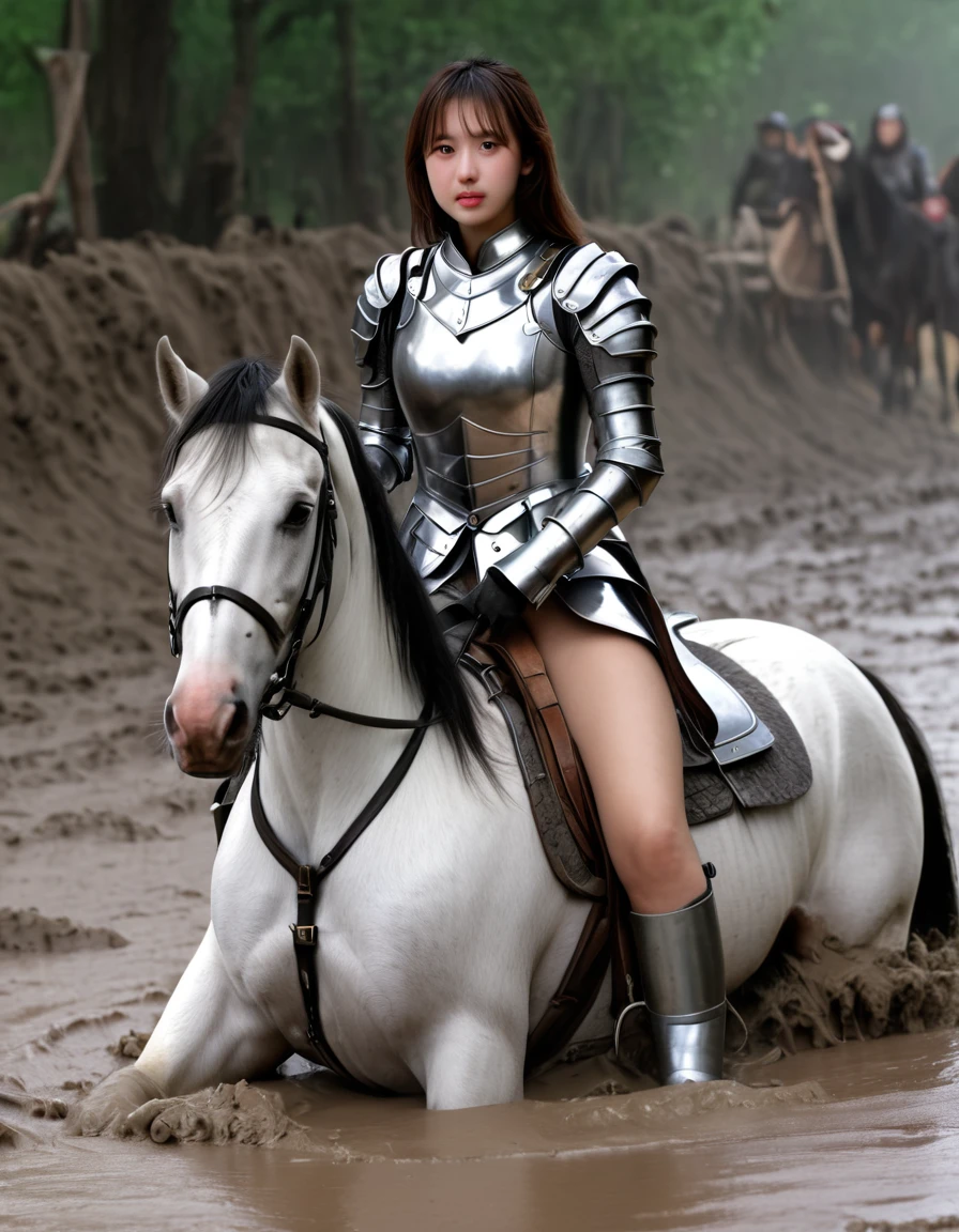 (((masterpiece))),(((Highest quality))),((Tabletop:1.4, Highest quality)), (Realな写真:1.4),
((1 cute girl knight)),rodeo,Desperate,Don't make eye contact,round face,
(超High resolution:1.2),, wonderful, Very detailed CG Unity 8k wallpaper, Very detailed, High resolution,draft horse ridden by japanese cute girl,tight,muddy place,Beauty,The horse neighs,Tragic female knight in armor,Sink,In the mud,Plump,
Cold Light, Beautiful detailed girl, Droopy eyes,Very detailedな目と顔, Beautiful and exquisite nose, Beautiful and exquisite, draft horse ridden by a girl can't move because horse and girl soak in the sticky muddy deep pitfall:10.0 , horse falls down ,looks pained ,Surprised face:2.0,Real,Anatomically correct