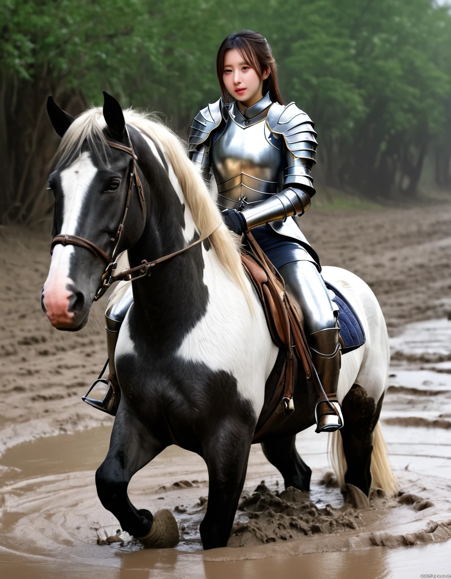 (((masterpiece))),(((Highest quality))),((Tabletop:1.4, Highest quality)), (Realな写真:1.4), 
((1 cute girl knight)),rodeo,Desperate,Don&#39;t make eye contact,round face,
(超High resolution:1.2),, wonderful, Very detailed CG Unity 8k wallpaper, Very detailed, High resolution,draft horse ridden by japanese cute girl,tight,muddy place,Beauty,The horse neighs,Tragic female knight in armor,Sink,In the mud,Plump,
Cold Light, Beautiful detailed girl, Droopy eyes,Very detailedな目と顔, Beautiful and exquisite nose, Beautiful and exquisite, draft horse ridden by a girl can't move because horse and girl soak in the sticky muddy deep pitfall:10.0 , horse falls down ,looks pained ,Surprised face:2.0,Real,Anatomically correct