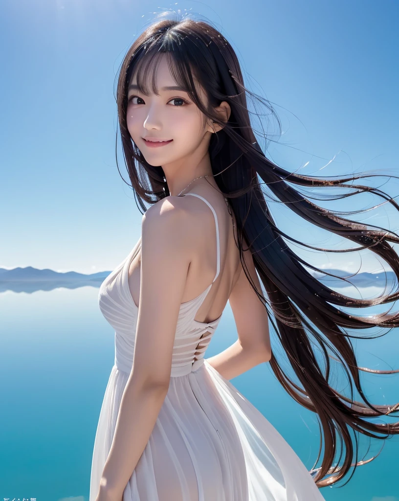 (Highest quality, 32k, High resolution, Masterpiece:1.5), marimo_jet, god々A photograph with brilliant dazzling and healing power., Evoking a sense of calm and elusive beauty, Expressing emotions, Have a rich imagination, Beautiful Japanese Girls, An exceptionally beautiful face, Small Face Beauty, , Perfect Human Anatomy, Magical big eyes, Motherhood and generosity, Deep Love, fleeting smile, Shiny black hair, Super long hair swaying in the wind, Asymmetrical bangs, Hair between the eyes, Transparent, soft white skin, Sharp eyebrows, Thin lashes, ((Natural Makeup:1.3)), Red dress, High resolutionの完璧な鎖骨, High resolutionの美しい胸元, Slim figure with ample breasts, High resolutionの美しい太もも, ((Distant Horizon:1.5)), ((Salar de Uyuni stretches to the horizon:1.3)), ((The water surface reflects the sky like a mirror:1.5)), Beautiful detailed blue sky, Professional photographer, Professional Lighting, Professional models, god秘的