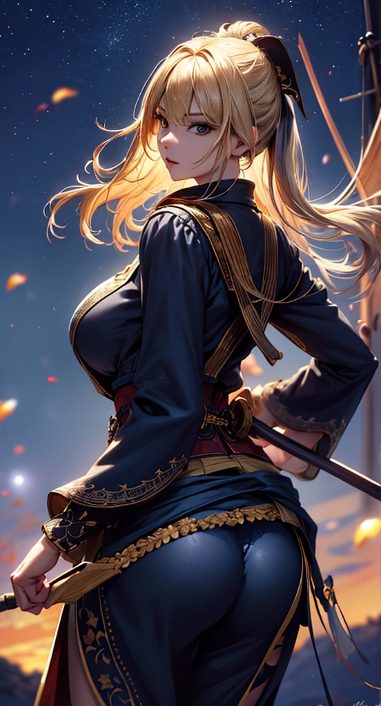 masterpiece, high quality, 4K, Beautiful design, silhouette，blonde， 非常に詳細な夜のStarry Sky,Flower Field， wonderful, Finer details,  Very knowledgeable woman, Highly detailed solo, 1 female,Big Breasts，Big Ass，Underwear Line，Pirate Captain，Night view，Starry Sky，full moon，