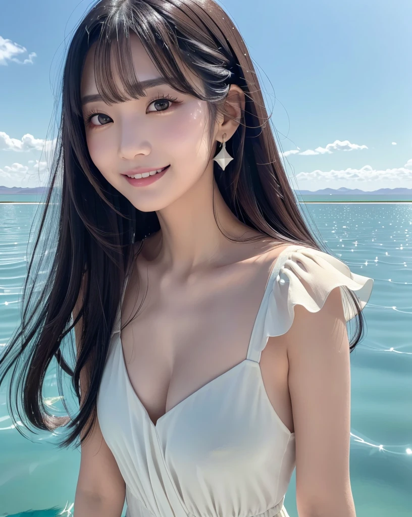 (Highest quality, 32k, High resolution, Masterpiece:1.5), marimo_jet, god々A photograph with brilliant dazzling and healing power., Evoking a sense of calm and elusive beauty, Expressing emotions, Have a rich imagination, Beautiful Japanese Girls, An exceptionally beautiful face, Small Face Beauty, , Perfect Human Anatomy, Magical big eyes, Motherhood and generosity, Deep Love, fleeting smile, Shiny black hair, Super long hair swaying in the wind, Asymmetrical bangs, Hair between the eyes, Transparent, soft white skin, Sharp eyebrows, Thin lashes, ((Natural Makeup:1.3)), Red dress, High resolutionの完璧な鎖骨, High resolutionの美しい胸元, Slim figure with ample breasts, High resolutionの美しい太もも, ((Distant Horizon:1.5)), ((Salar de Uyuni stretches to the horizon:1.3)), ((The water surface reflects the sky like a mirror:1.5)), Beautiful detailed blue sky, Professional photographer, Professional Lighting, Professional models, god秘的