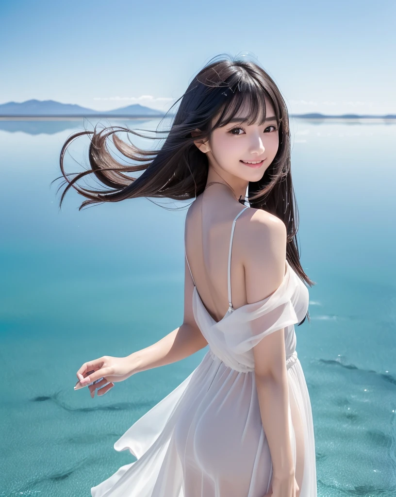 (Highest quality, 32k, High resolution, Masterpiece:1.5), marimo_jet, god々A photograph with brilliant dazzling and healing power., Evoking a sense of calm and elusive beauty, Expressing emotions, Have a rich imagination, Beautiful Japanese Girls, An exceptionally beautiful face, Small Face Beauty, , Perfect Human Anatomy, Magical big eyes, Motherhood and generosity, Deep Love, fleeting smile, Shiny black hair, Super long hair swaying in the wind, Asymmetrical bangs, Hair between the eyes, Transparent, soft white skin, Sharp eyebrows, Thin lashes, ((Natural Makeup:1.3)), Red dress, High resolutionの完璧な鎖骨, High resolutionの美しい胸元, Slim figure with ample breasts, High resolutionの美しい太もも, ((Distant Horizon:1.5)), ((Salar de Uyuni stretches to the horizon:1.3)), ((The water surface reflects the sky like a mirror:1.5)), Beautiful detailed blue sky, Professional photographer, Professional Lighting, Professional models, god秘的
