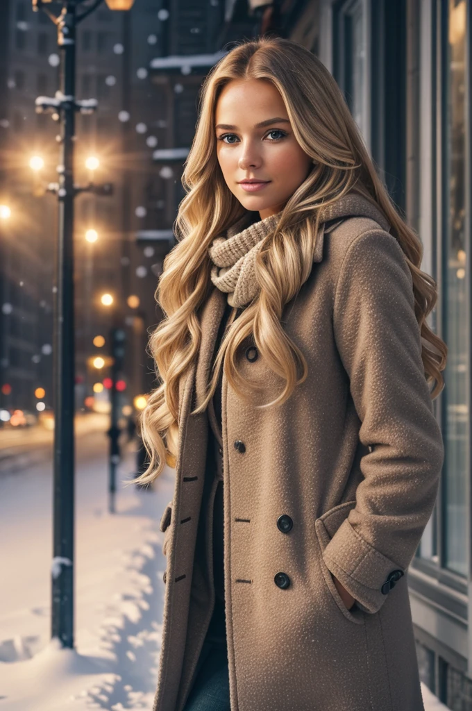 professional portrait photograph of a gorgeous Norwegian girl in winter clothing with long wavy blonde hair, sultry flirty look, gorgeous symmetrical face, cute natural makeup, wearing elegant warm winter fashion clothing, ((standing outside in snowy city street)), stunning modern urban environment, ultra realistic, concept art, elegant, highly detailed, intricate, sharp focus, depth of field, f/1. 8, 85mm, medium shot, mid shot, (((professionally color graded))), bright soft diffused light, (volumetric fog), trending on instagram, hdr 4k, 8k