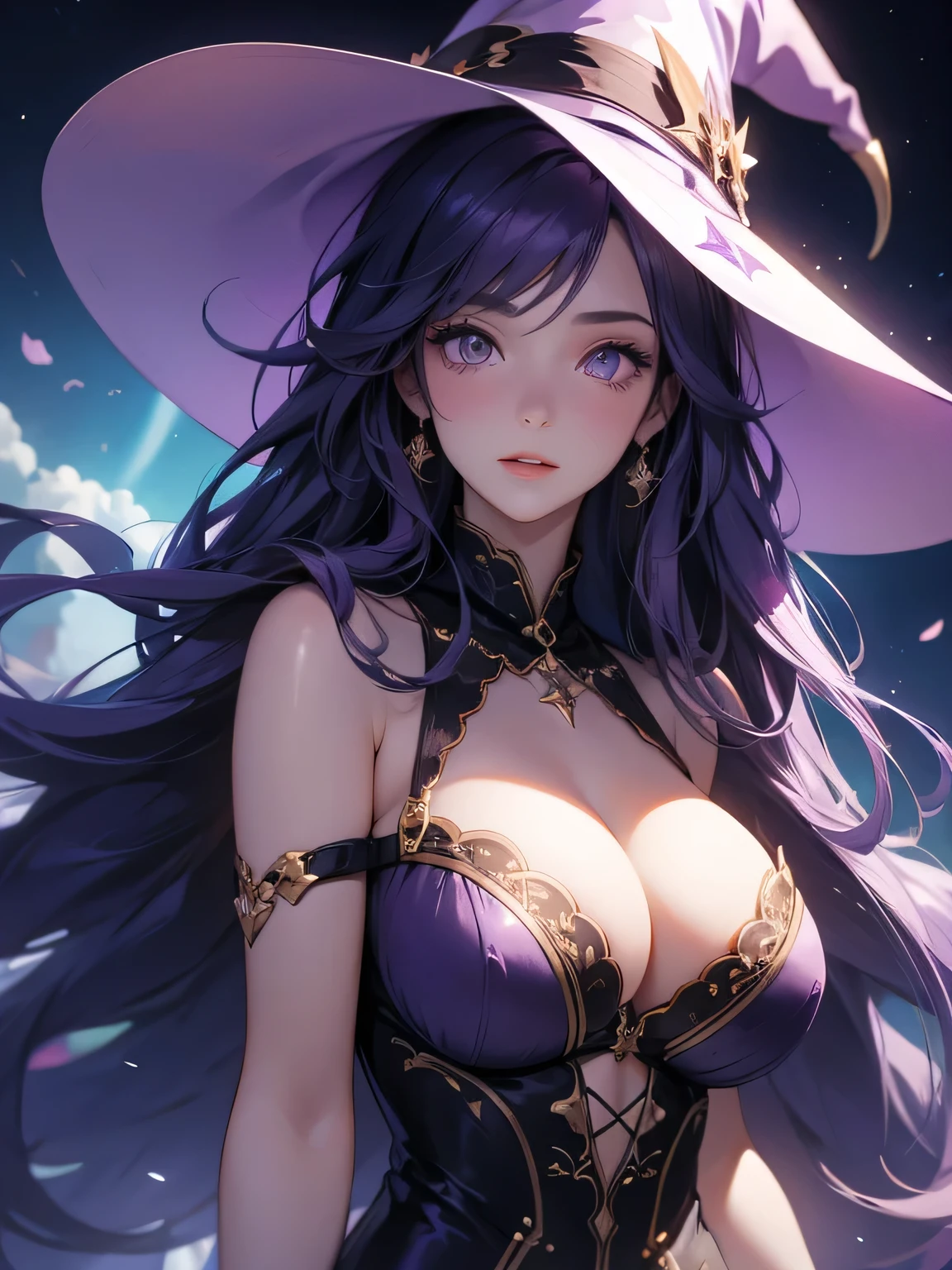 beautiful woman, Purple long hair, witch hat, woman with big breasts, 