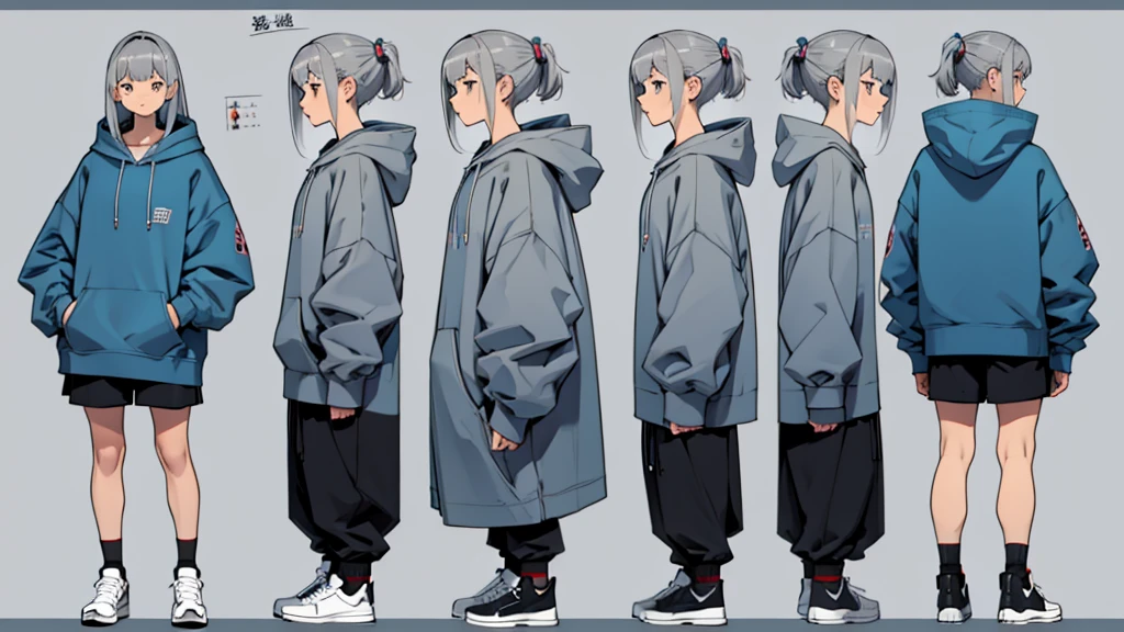 Character design sheet、girl、Short ponyte、Oversized hoodie、Shorts、Gray Hair、Blue inner color