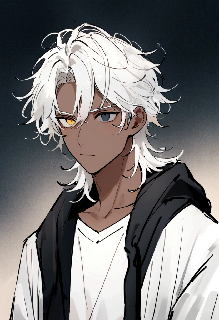 work of art,best qualityer,High definition,4K,waist up view,close up(1 young boy,20 years old,mature man),standing alone,white shirt, wearing a black hoodie , yellow and black eyes heterochromia, Idiot expression, Messy hair , Medium length hair , 1 men , multicolored black and white hair , two tone hair , dark skin color